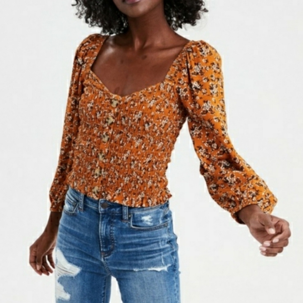 American Eagle Yellow Floral Smocked Puff Sleeve Crop Top Cropped Blouse Boho